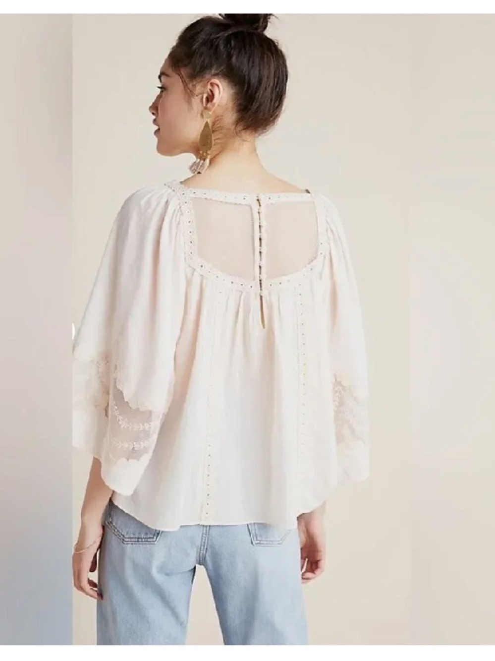 Rare Anthropologie Pale Pink Crochet Lace Yoke Top - Picture 2 of 15